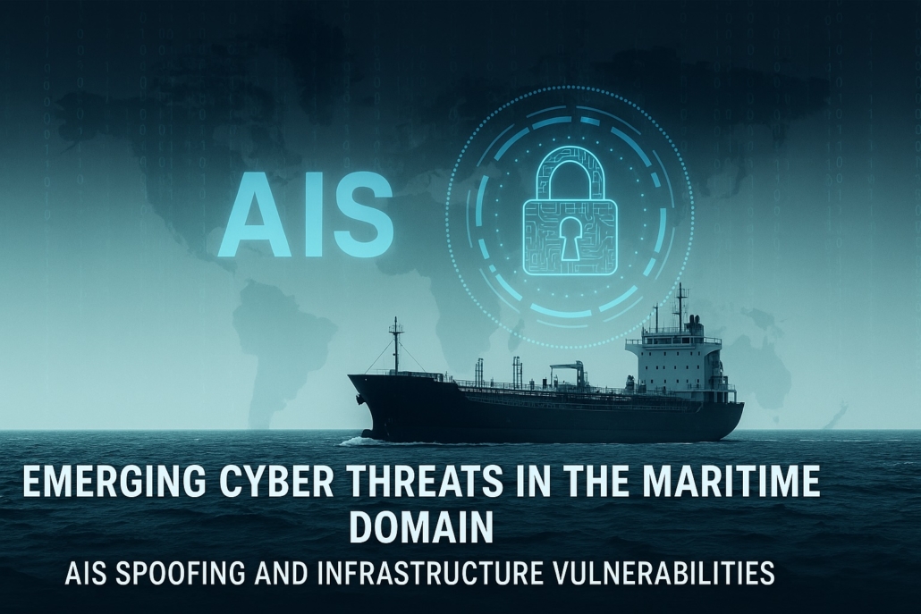 Cargo ship navigating under a digital world map with AIS and cybersecurity symbols, representing maritime cyber threats.