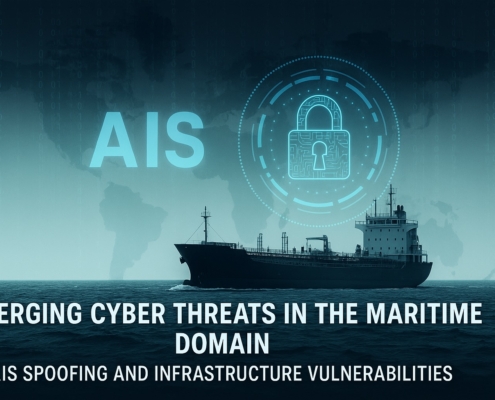 Cargo ship navigating under a digital world map with AIS and cybersecurity symbols, representing maritime cyber threats.