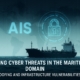 Cargo ship navigating under a digital world map with AIS and cybersecurity symbols, representing maritime cyber threats.