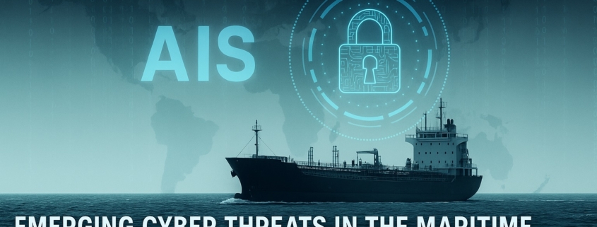 Cargo ship navigating under a digital world map with AIS and cybersecurity symbols, representing maritime cyber threats.