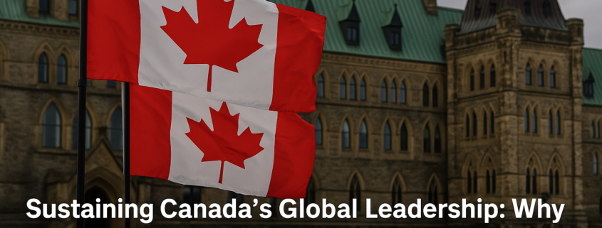 Two Canadian flags waving in front of Parliament Hill, symbolizing national leadership and global engagement.