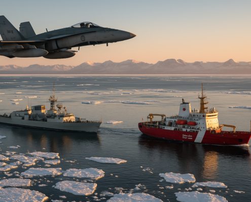 A Royal Canadian Air Force CF-18 Hornet flies over a Halifax-class frigate and a Canadian Coast Guard icebreaker navigating Arctic waters during sunset.