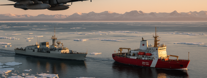 A Royal Canadian Air Force CF-18 Hornet flies over a Halifax-class frigate and a Canadian Coast Guard icebreaker navigating Arctic waters during sunset.