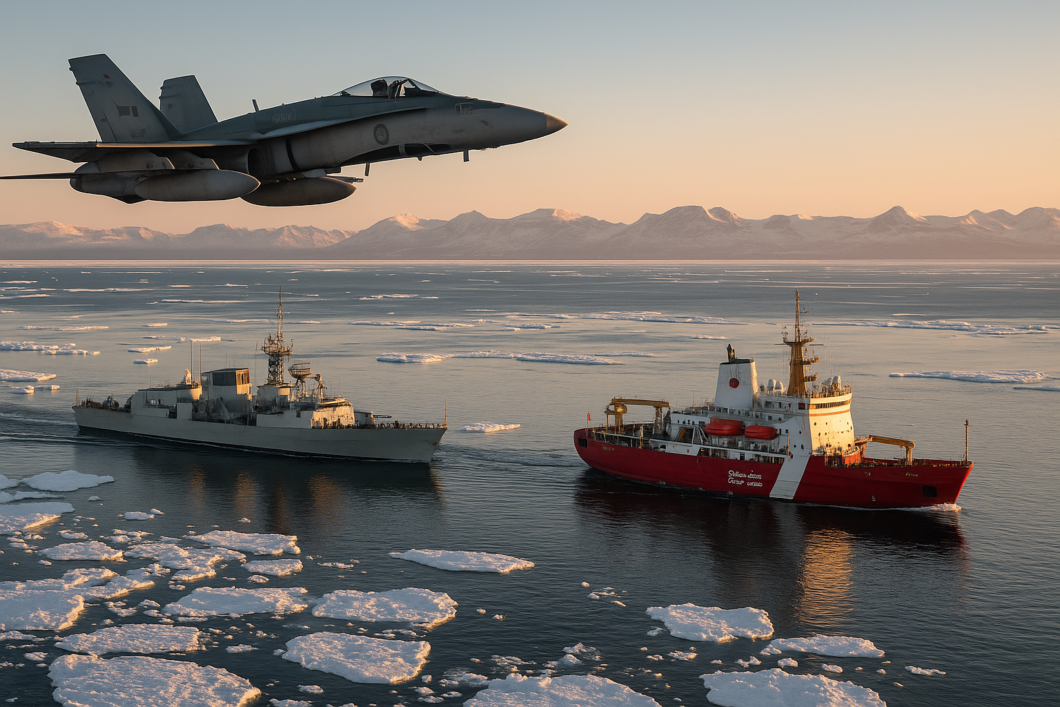 A Royal Canadian Air Force CF-18 Hornet flies over a Halifax-class frigate and a Canadian Coast Guard icebreaker navigating Arctic waters during sunset.